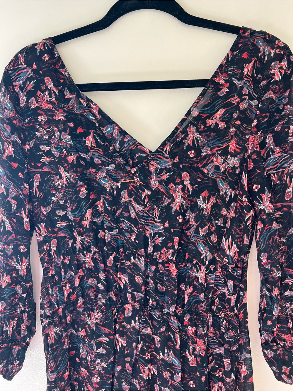 IRO Black Long-Sleeve V-Neck Dress with Pink Floral Print